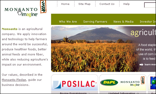 세계 170여개국으로 유전자변형식품을 수출하고 있는 몬산토의 홈페이지